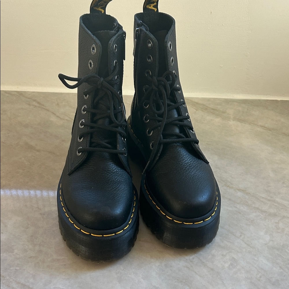Dr. Martens Black Leather Platform Lace-Up Boots with Yellow Stitching - Picture 2 of 4